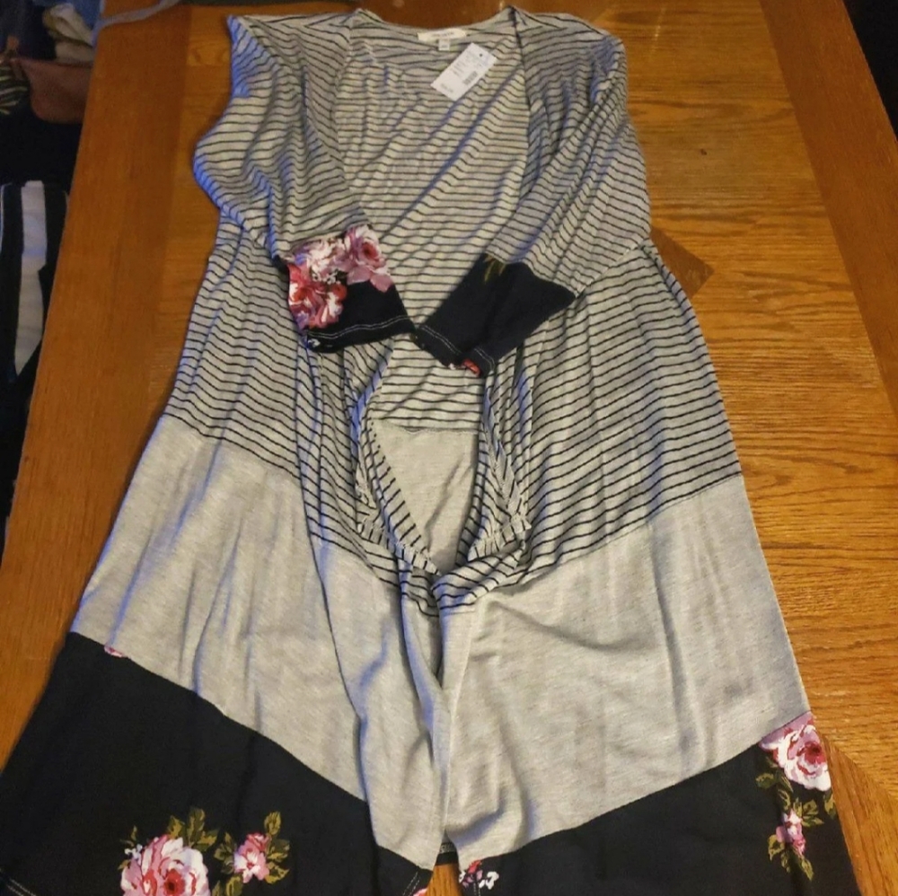 Maurices Cardigan Sweater Floral Stripe Colorblock Grey Navy Pink  XS.